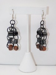 C341-VINTAGE PIERCED EARRINGS~METAL HOOPS/WOOD BEADS~INDUSTRIAL LOOK