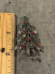 Vintage ART Blue and Orange Rhinestone Christmas Tree Brooch