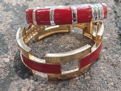 2 Vintage Hinged Bangle Bracelets with Red Enamel 1 Gold Tone 1 Silver Tone 80’s