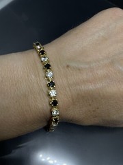 Gold Tone Black / Clear Crystal Rhinestone Prongs Fashion Tennis Bracelet 7”
