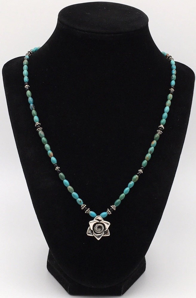 925 Sterling Silver Natural Turquoise & Black Onyx Flower Necklace 20” #42