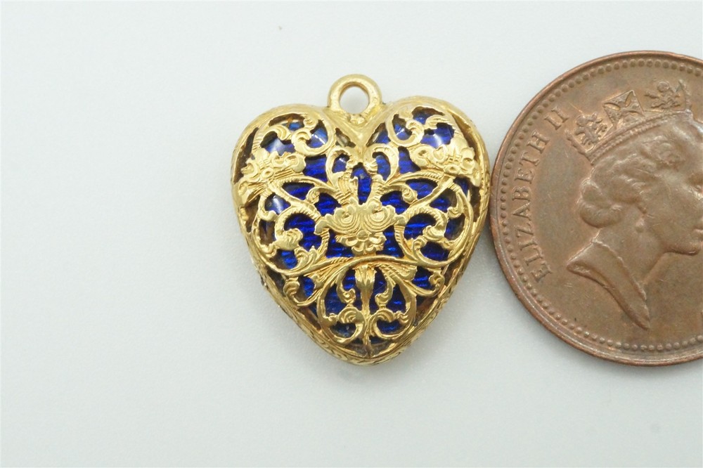 15K GOLD BLUE ENAMEL HEART LOCKET PENDANT c1840 – ANTIQUE ENGLISH