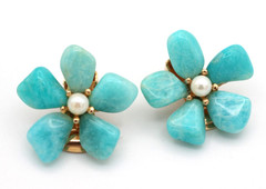 Vintage Swoboda Turquoise & Pearl GoldTone Flower Clip On Earrings