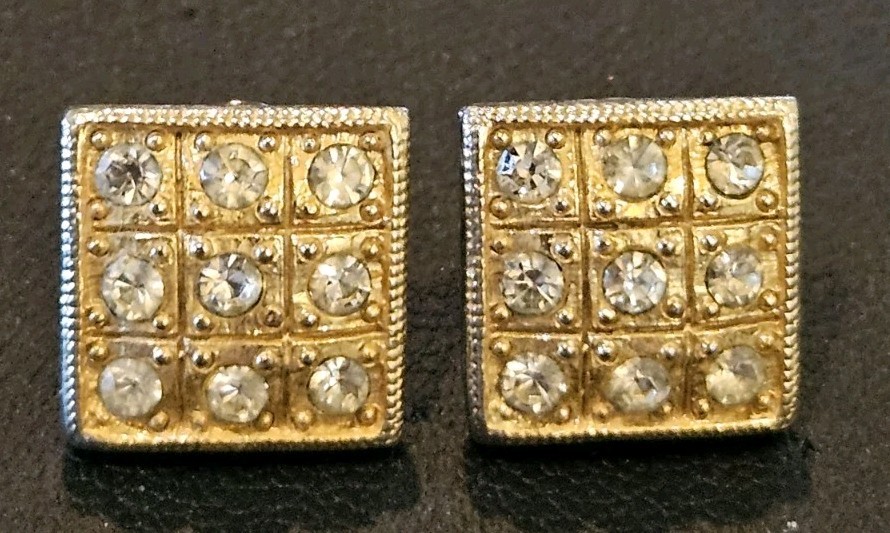 Classic TRIFARI Gold Plated Pierced Earrings Square With Rhinestones .5 Inches