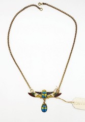 Antique Art Deco French Egyptian Revival Enamel Scarab w/ Wings Necklace NOS