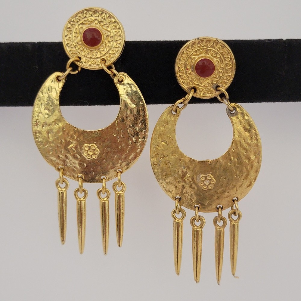 Vintage 1990s Gold Tone Boho Tribal Style Dangle Earrings Chandelier Statement