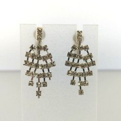 Vintage Earrings Silver Tone Clear Rhinestone Chandelier Dangle Drop Clip On 1.5