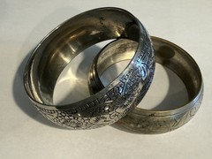 LOT OF 2 VINTAGE ETCHED SILVER PLATED PEWTER WIDE BANGLE BRACELETS