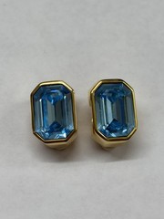 Vintage Joan Rivers Earrings Blue Rhinestone CLIP ON Gold Tone Cocktail Ornate