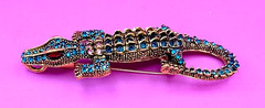 Gold Tone Blue & Pink Rhinestones Alligator Brooch Contemporary