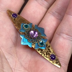 Vtg Victorian Style Art Nouveau Brooch Copper Turquoise Aqua Purple Rhinestone