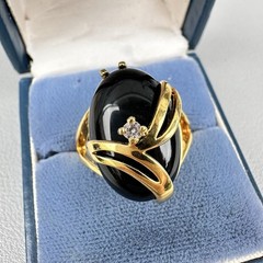 SETA Gold Plated Black Onyx Caabochon Rhinestone Cab Ring Vintage Sz 8