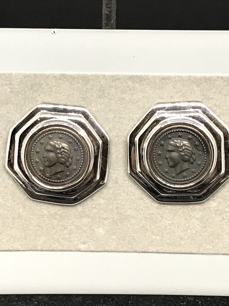 Vintage Costume Fashion Jewlery Silver tone Faux Roman Coin Clip-on Earrings