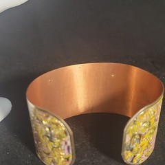 Vintage Wide Solid Copper Yellow Champleve Enamel Floral Cuff Bracelet