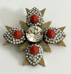Vintage J. Crew Brooch Gold Tone Maltese Cross Brulee Crystal Clear Rhinestone