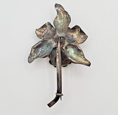 VTG Sterling Silver Orchid Flower Brooch 2in Faux Pearl Center Patina Estate