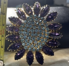 Vintage Blue And Purple Made In Austria Stamped Rhinestone And Gold Tone Brooch