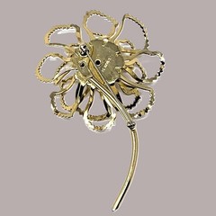 Vintage 1968 Gold Tone Floral Brooch Aurora Borealis Large Long-Stem Flower Pin