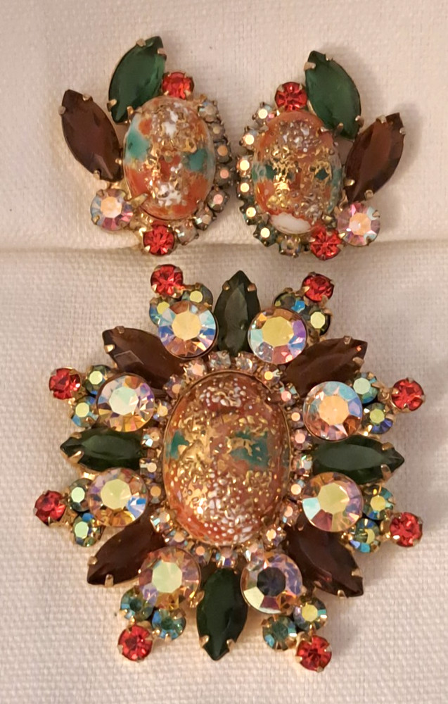 Juliana D & E Easter Egg Cabochon Rhinestone Brooch & Earrings Vintage Demi Set
