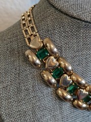 Vintage Heart Collar Link Necklace Faux Emeralds Valentine’s Day Necklace