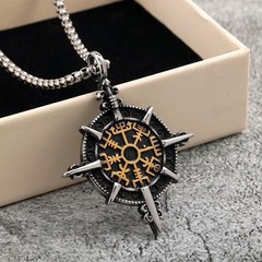 Stainless Steel Men’s Pendant Viking Compass Rune Necklace