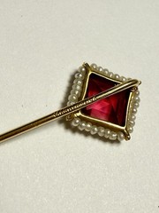 Antique Edwardian Marathon Co 10k Yellow Gold Stick Pin Ruby Glass Seed Pearl