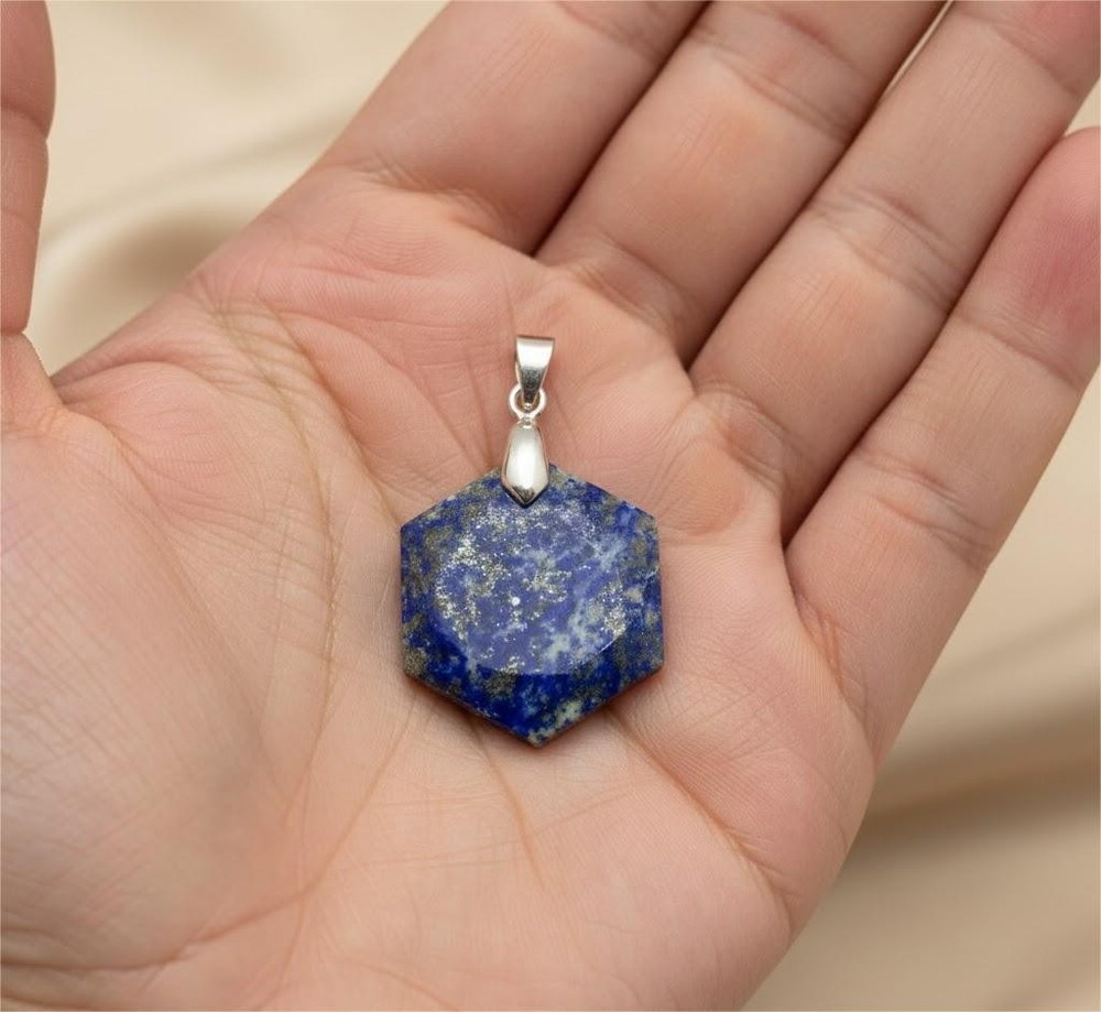 Lapis Lazuli Certified Pendant Necklace | Hexagon Blue Healing Crystal Jewelry