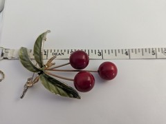 Vtg Large Red Cherry Enamel Cherry Fruit Leaf Brooch 3.25″