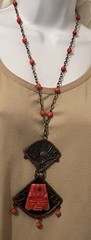 Vtg Mixed Metal Brutalist Onyx Aztec Mayan Signed Casa Luna Pendant Necklace