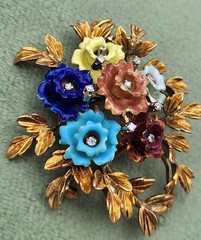 Vintage Italy 18K Gold Colorful Flower & Diamond Brooch KG Old Italian Jewelry