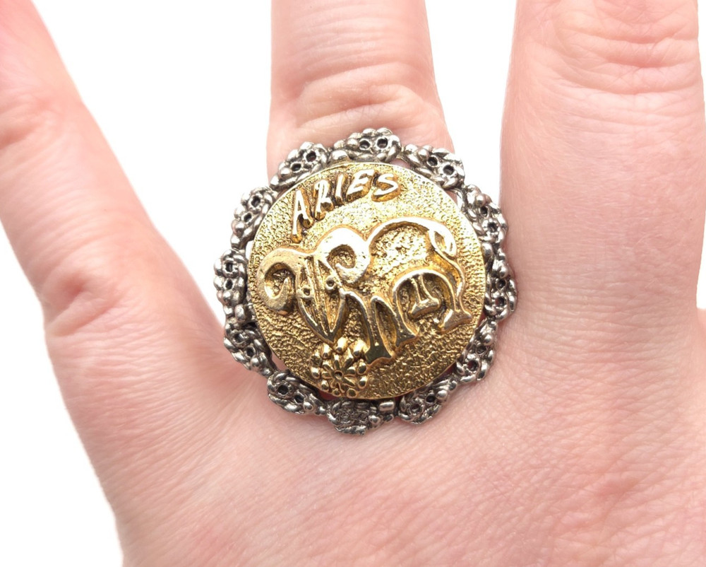 Vintage 60s 70s Gold & Silver Tone Large Aries Astrology Ram Adjustable Ring