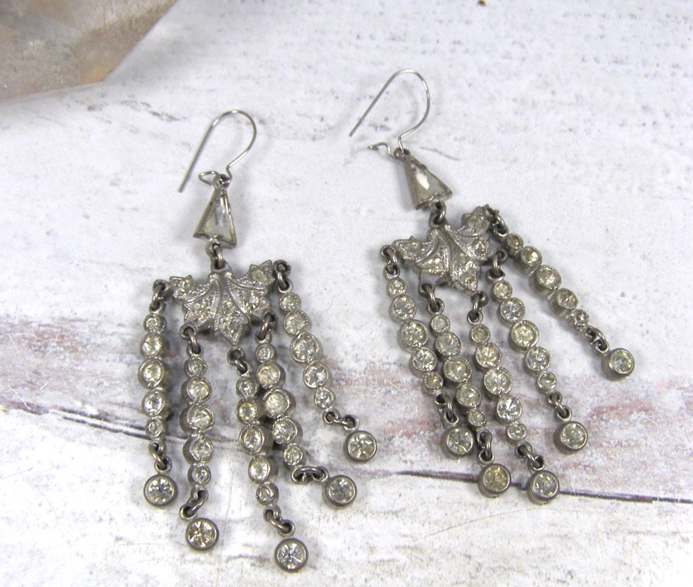 Vintage Pot Metal Clear Paste Stones Chandelier Dangle Earrings 1940s Linear