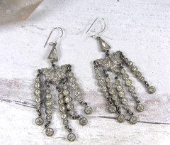 Vintage Pot Metal Clear Paste Stones Chandelier Dangle Earrings 1940s Linear
