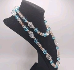 Vintage Monet Glass Pastel Beaded Clear Blue Pink Silver Tone Necklace Hang Tag