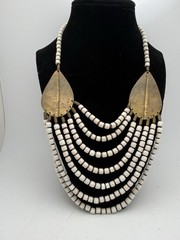 Tribal Bib Necklace White Bone Look Beads Brass Multi Strand Boho Ethnic Vintage