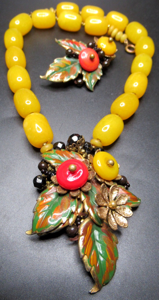 MIRIAM HASKELL RARE Enamel Leaves Glass Bead Necklace Brooch Set BOOK PIECE!