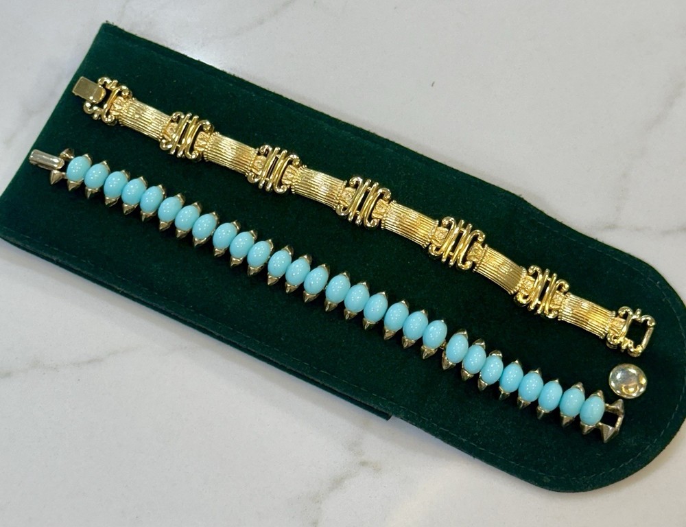 Crown Trifari 7” Bracelet Set: Egyptian Turquoise & Etruscan Link Revival Theme