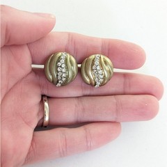 Vintage Monet Antique Gold Tone Rhinestone Swirl Button Style Clip On Earrings