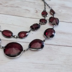 Vintage Necklace Dark Red and Dark Silver Tone / Grey Statement Necklace