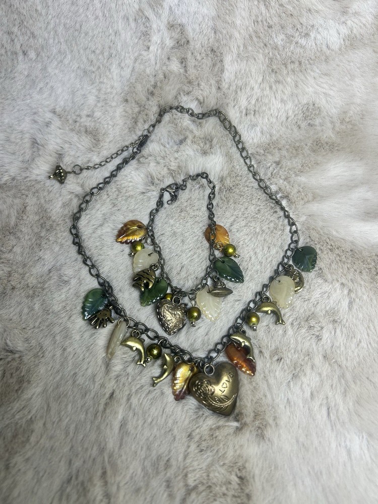 Vintage Charm Necklace Bracelet Set Bronze Tone