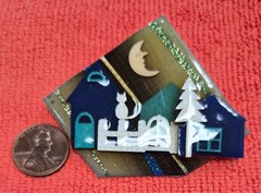 Vintage House Pins by Lucinda Kitty Cat Home Crescent Moon in Sky Pin / Brooch