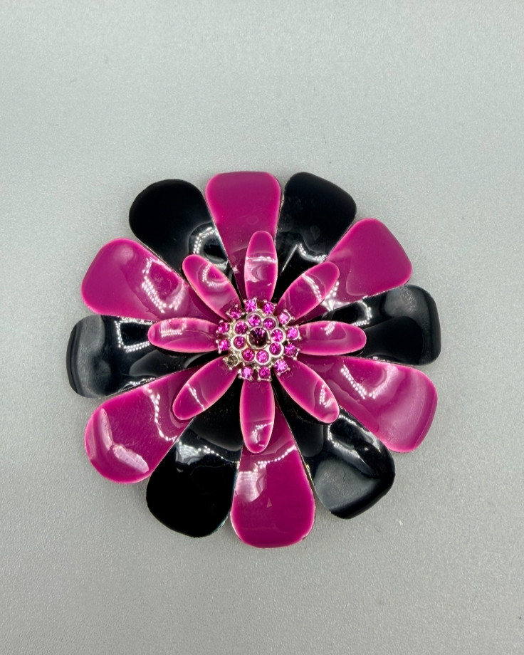 Vntg Purple and Black Flower Brooch, Anodized Aluminum with Crystal Sparkle #936