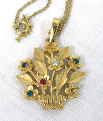 Trifari Goldtone Flower Basket Rhinestone Pendant & 16″ Chain Signed USA