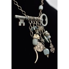 Vintage Stone Beaded Charm Necklace Skeleton Key Chunky Silver Boho 1990s Bin1
