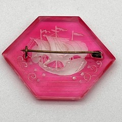 Vintage Intaglio Brooch Pink Lucite Sailing Ship Reverse Carved RARE