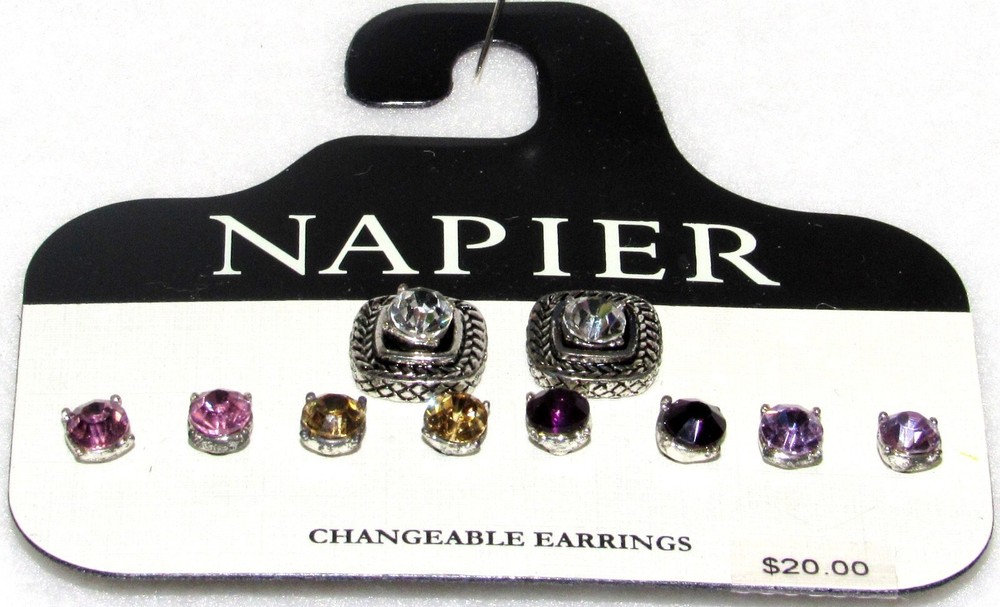 New NAPIER 5 Changeable Earrings Studs Silver Clear Pink Yellow Purple Lavender