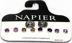 New NAPIER 5 Changeable Earrings Studs Silver Clear Pink Yellow Purple Lavender