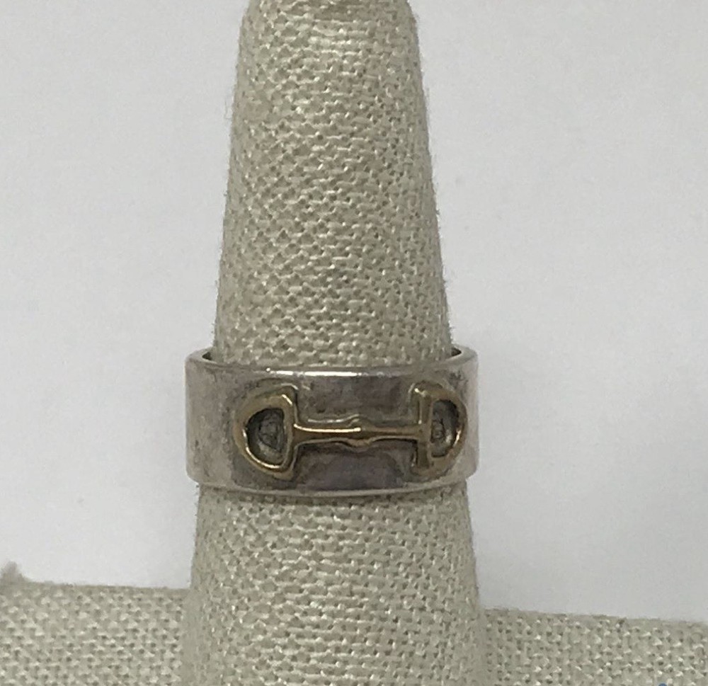 Vintage 925 Sterling Silver Gold Brass Horse Bit Equestrian Ring Size 7.25