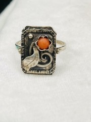 Art Deco German Ivy & Berry CORAL 830 Silver Ring SZ 9.75 & Brooch Spring set