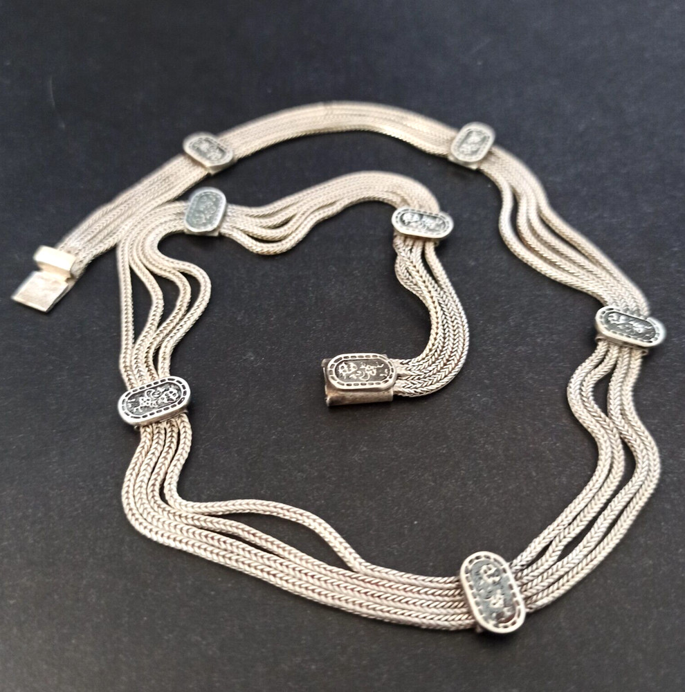 Vintage Silver Necklace Multi Chain Niello Station Layered 925 Ethnic Wide Old